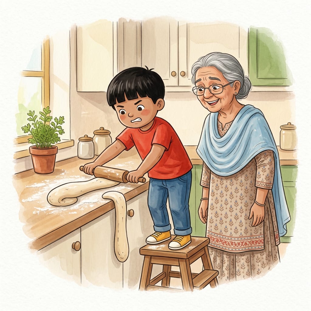 Watercolour painting for page 9: The kitchen counter, morning. Arjun stands on the step stool with both hands on a rolling pin, pushing hard, while a long wobbly sausage-shaped piece of dough squeezes out from under it. Dadi watches beside him, eyebrows raised, smiling.